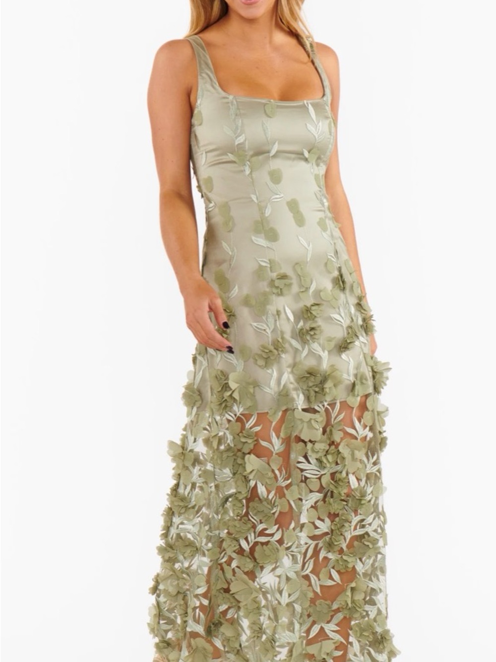 Show Me Your MuMu Olive Green 3D Floral Maxi Dress